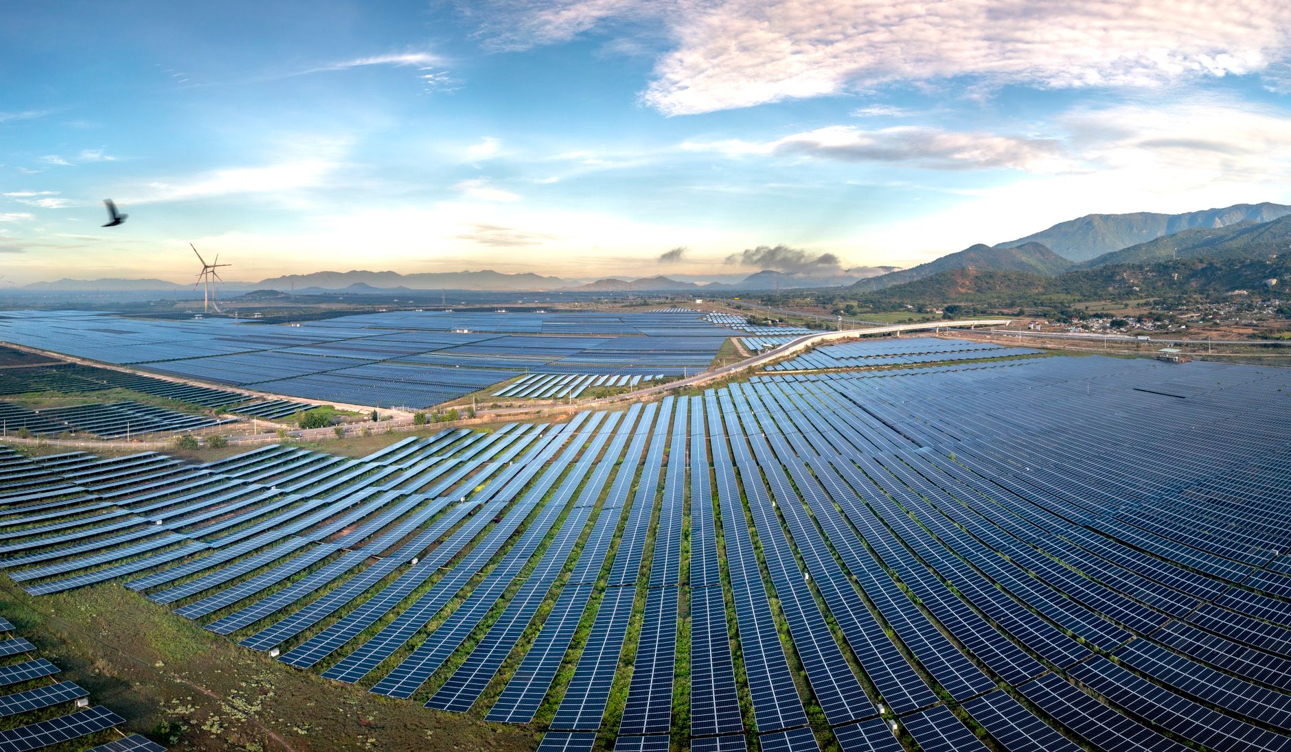 Rows of solar panels across a large open site under clear sky
